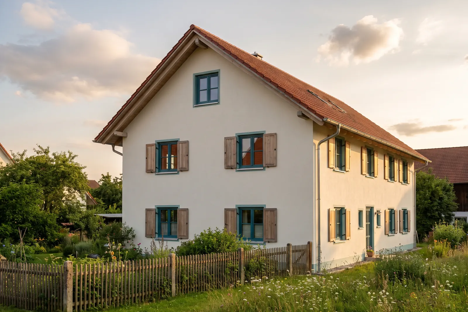 Frisch gestrichenes Einfamilienhaus mit petrolfarbenen Fensterläden