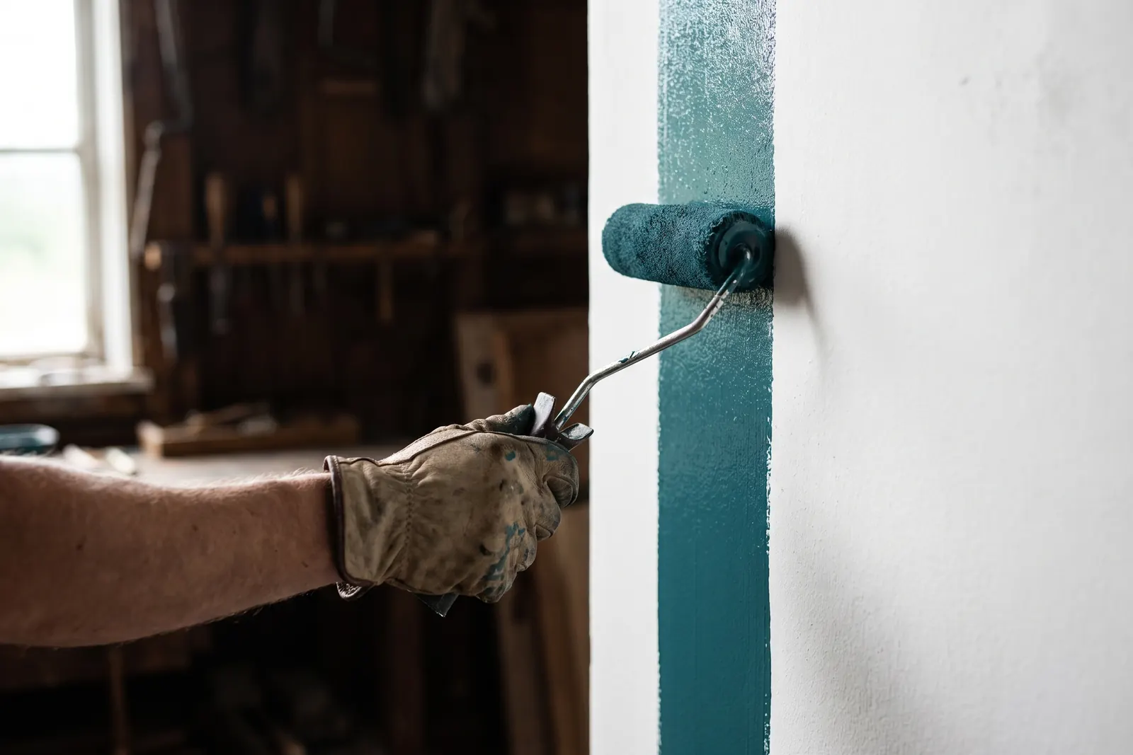 Farbrolle trägt petrolfarbene Farbe auf eine Wand auf